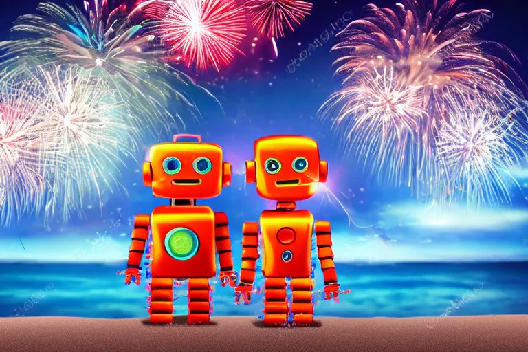 Image similar to happy robots watching the fireworks at the beach, new year, 8k, beatiful, high detail, high resolution