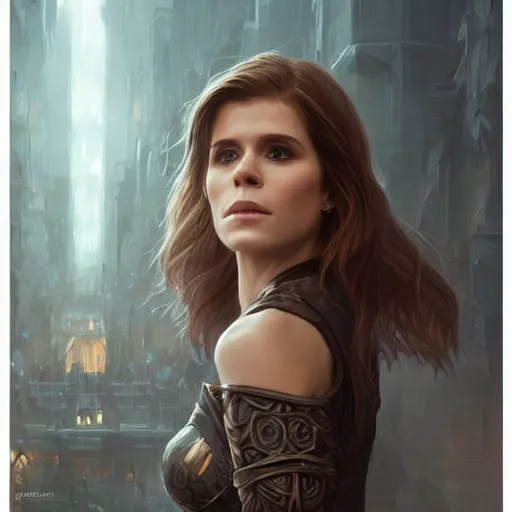 Image similar to a portrait of kate mara as a sorceress, urban motifs, intricate, elegant, highly detailed, digital painting, trending on artstation, concept art, smooth sharp focus, illustration, art by artgerm and greg rutkowski