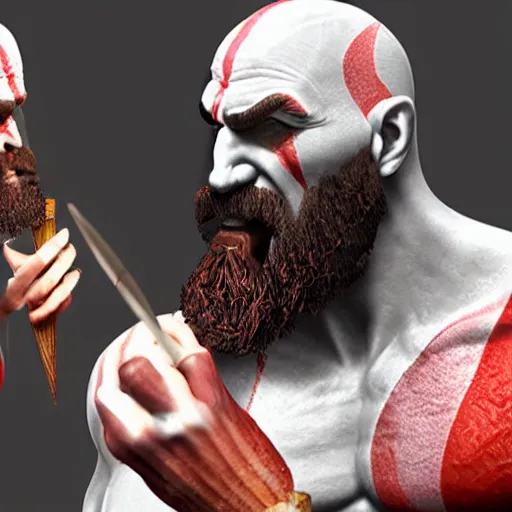 Image similar to kratos the god of war eating a double scoop ice cream