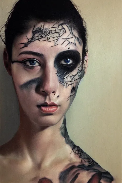 Prompt: hyperrealism oil painting, portrait fashion model with tattoo on face, sad eyes, dark background, in style of classicism mixed with 8 0 s japanese sci - fi books art