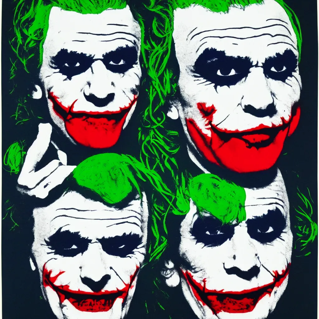 Prompt: individual silk screen portrait of the joker by andy warhol