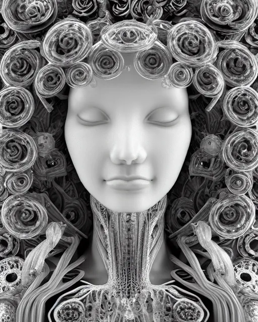 Image similar to mythical dreamy black and white organic bio - mechanical spinal ribbed profile face portrait detail of translucent steampunk beautiful female angelic - human - queen - vegetal - cyborg, highly detailed, intricate crystal ivy jelly ornate, poetic, translucent roses ornate, 3 d render, digital art, octane render, 8 k artistic photography, photo - realistic, by dora maar