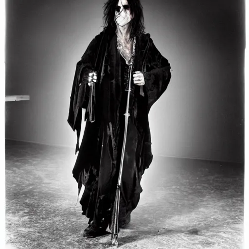 Image similar to alice cooper wearing a dark hooded cloak