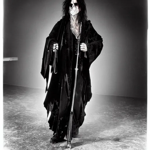 Prompt: alice cooper wearing a dark hooded cloak