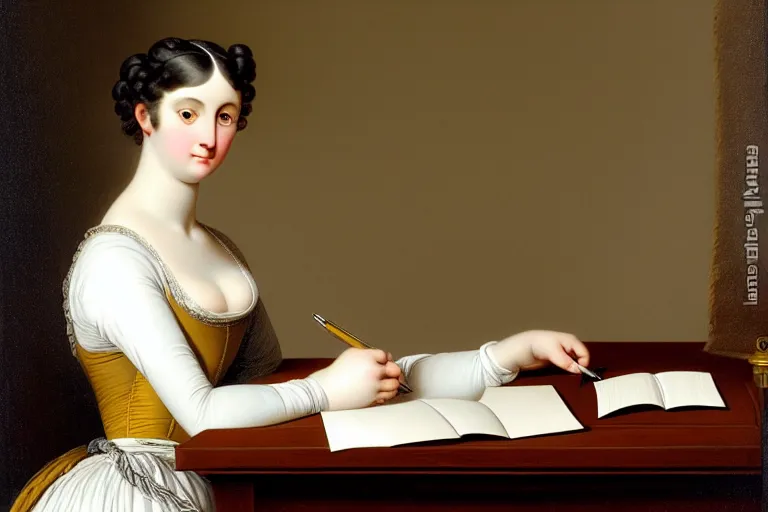 Prompt: 1 8 1 0 s lady writing at her desk by vittorio reggianini, georgian dress, directoire style, regency, empire silhouette, bright lighting, perfectly detailed eyes, beautiful hands, pale skin, clear face