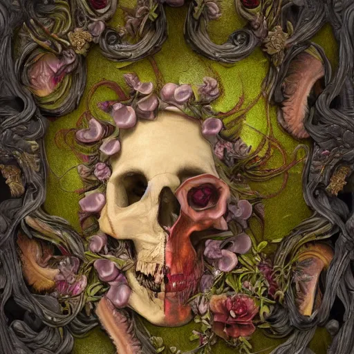 Image similar to a beautiful detailed front view rococo portrait of a rotten woman corpse becoming almost a skull with face muscles, veins, arteries, fractal plants and fractal flowers and mushrooms growing around, intricate, ornate, volumetric light, beautiful lit, beetlejuice