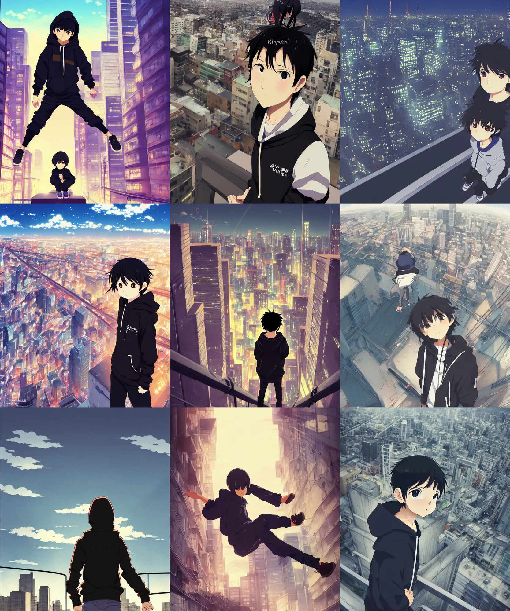 Prompt: anime visual, portrait of a young black haired boy wearing hoodie sightseeing above the urban city, guardrail, cute face by yoh yoshinari, katsura masakazu, dramatic lighting, dynamic pose, dynamic perspective, strong silhouette, ilya kuvshinov, anime cels, 1 8 mm lens, fstop of 8, rounded eyes, moody, detailed