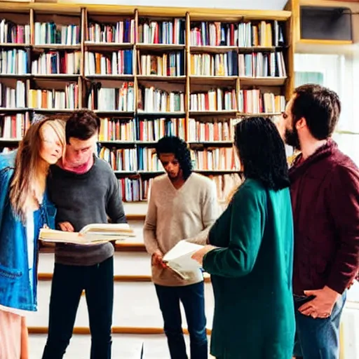 Image similar to two women and three men looking at a book