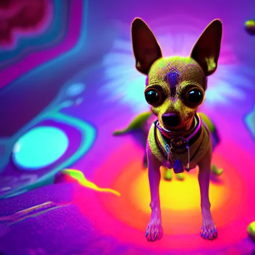 Image similar to a trippy chihuahua living in an extradimensional reality, in the style of wlop, illustration, epic, fantasy, hyper detailed, smooth, unreal engine, sharp focus, ray tracing, physically based rendering, renderman, beautiful