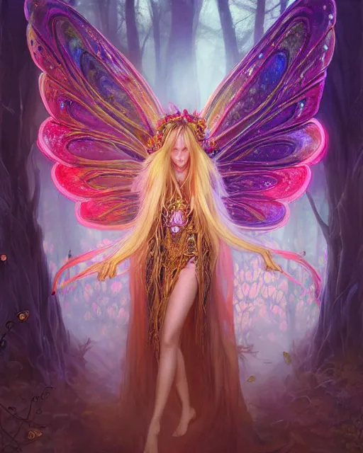 Image similar to stunningly beautiful female faerie priestess in amanita muscaria forest landscape, symmetrical wings on back, neon hair, fantasy art, wearing a dress of gossamer gold, dark light night, sharp focus, digital painting, 4 k, concept art, art by wlop, greg rutkowski and alphonse mucha, brom, face by otto schmidt