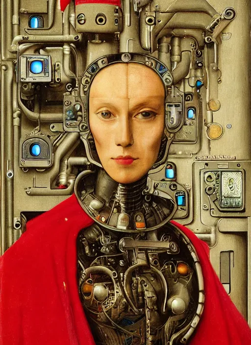 Image similar to a portrait of cyborg queen jacked into a man-machine interface by Jan van Eyck