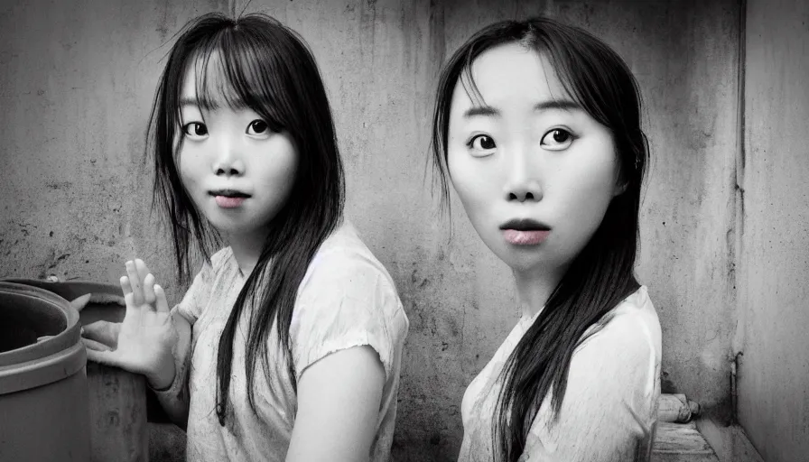 Image similar to Cheery photo of Chuu from LOONA and an orangutan poking up out of trashcans. In the style of Lee Jeffries