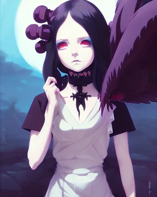 Image similar to portrait of cute goth girl, anime key visual, by peter mohrbacher and ilya kuvshinov and wlop and makoto shinkai and studio ghibli