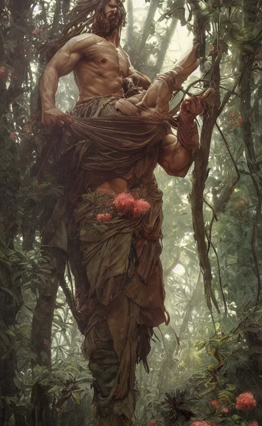 Image similar to god of the forest, 3 0 years old, rugged, handsome, male, detailed face, clean lines, atmospheric lighting, amazing, full body, thighs, flowers, muscular, intricate, highly detailed, digital painting, deviantart, concept art, sharp focus, illustration, art by greg rutkowski and alphonse mucha