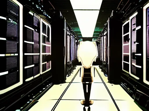 Image similar to symmetrical anthropomorphic android working in sci - fi data center room. cinematic shot from alien isolation