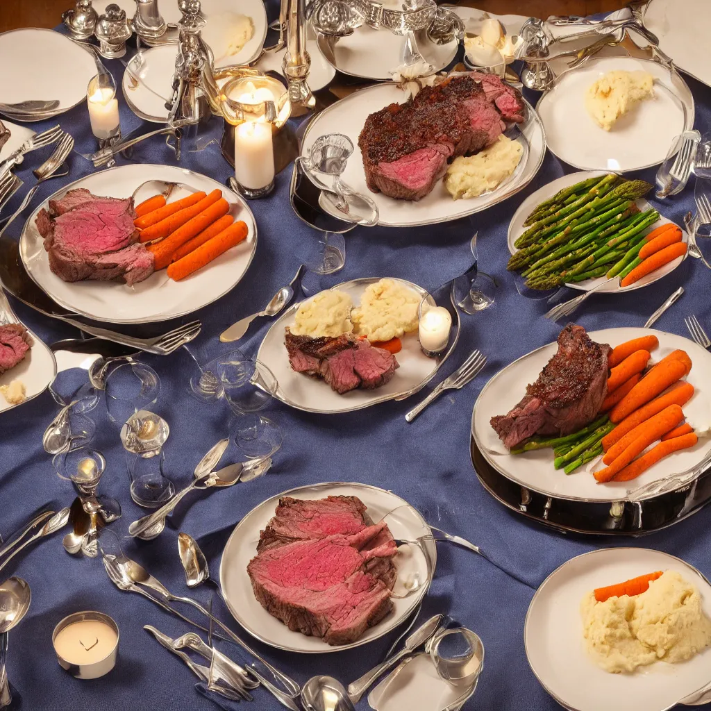 Image similar to single plate with prime rib, asparagus, mashed potatoes and gravy, and steamed carrots with blue table cloth and lit candles in ornate silver candlesticks, ultra - realistic, photo realism, professional photograph, extreme detail, deep focus, laser sharp, volumetric lighting, atmospheric, luxury, elite