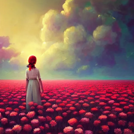 Image similar to head made of carnations, girl standing in a vast flower field, holding flowers, surreal photography, sunrise dramatic light, impressionist painting, colorful clouds, large sky, digital painting, artstation, simon stalenhag, flower face