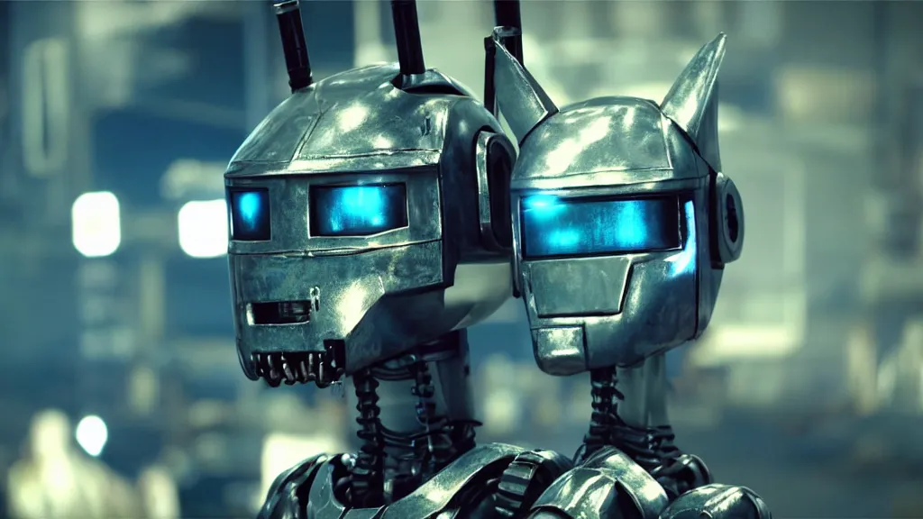 Image similar to film still from the movie chappie of the robot chappie shiny metal outdoor park scene bokeh depth of field furry anthro anthropomorphic stylized cat ears head android service droid robot machine fursona