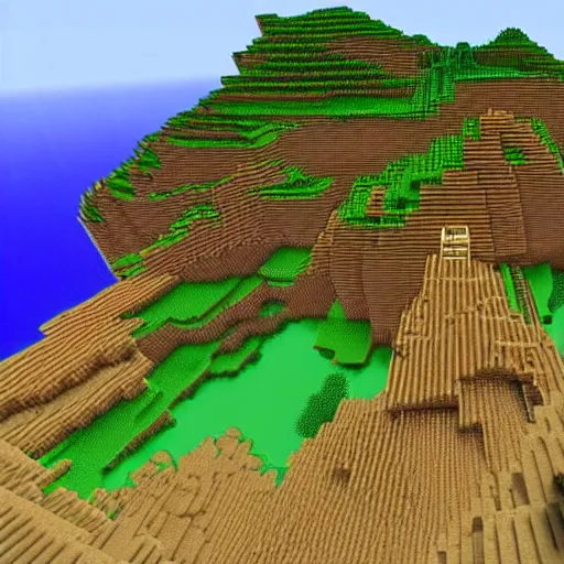 Image similar to an ancient minecraft city near jagged peaks next to a mangrove swamp with luch caves near the ocean with a ruined portal nearby