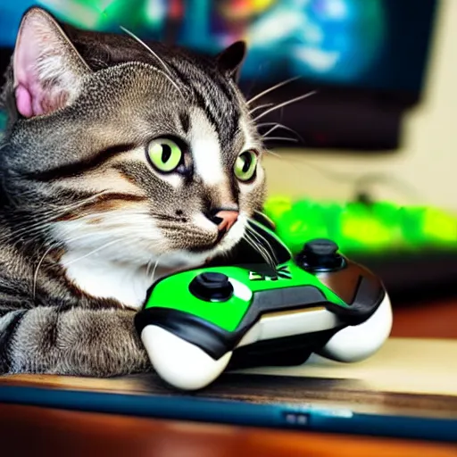 Prompt: cat playing xbox, photo, stock photography, gamer cat, controller, headset, highly detailed