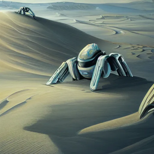 Image similar to painting of a sand landscape, futuristic, buried wreckage of biomechanical robots, oasis, 4 k. cinematic. epic.