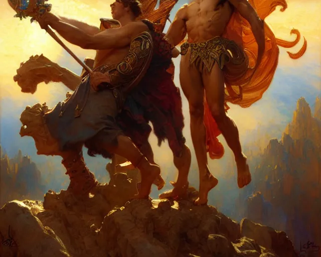 Image similar to attractive heroic male deity, summons handsome heroic lucifer morning star. highly detailed painting by gaston bussiere, craig mullins, j. c. leyendecker 8 k