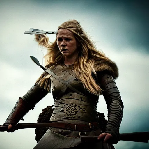 Image similar to a photograph of viking shield maiden in the battlefield, action movie, movie still, cinematic, filmic, dramatic, volumetric light