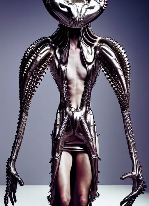 Image similar to walking down the catwalk, mert alas and marcus piggott, show, stage, vogue photo, podium, fashion show photo, historical baroque dress, iris van herpen, beautiful woman, full body shot, masterpiece, inflateble shapes, alien, predator, guyver, jellyfish, white biomechanical details, highly detailed