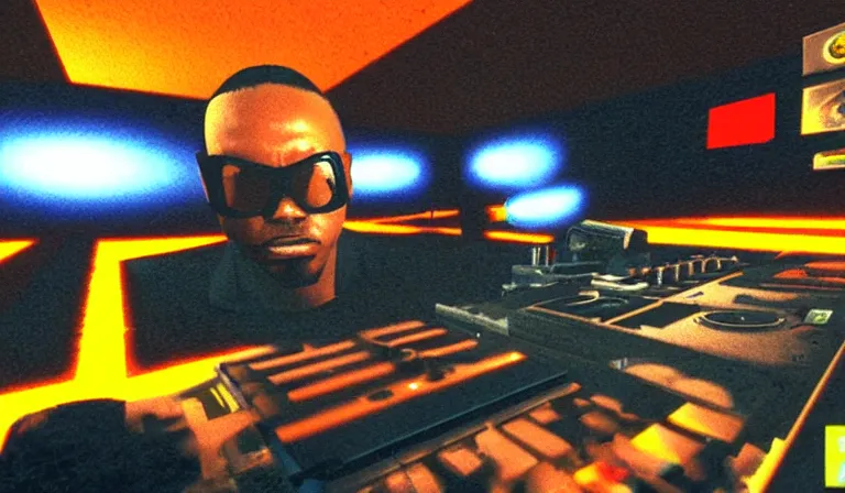 Image similar to ltj bukem in perfect dark giving you dj training, 9 0 s first person shooter, low poly, gameplay screenshot