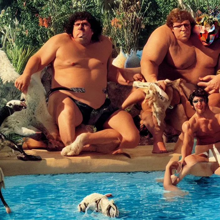 Prompt: andre the giant wearing a sequin speedo sitting by the pool with a goat and genghis khan from the movie bill & ted's excellent pool party, movie still, 8 k, realistic, highly detailed, art by todd mcfarlane, artgerm, greg rutkowski, alphonse mucha