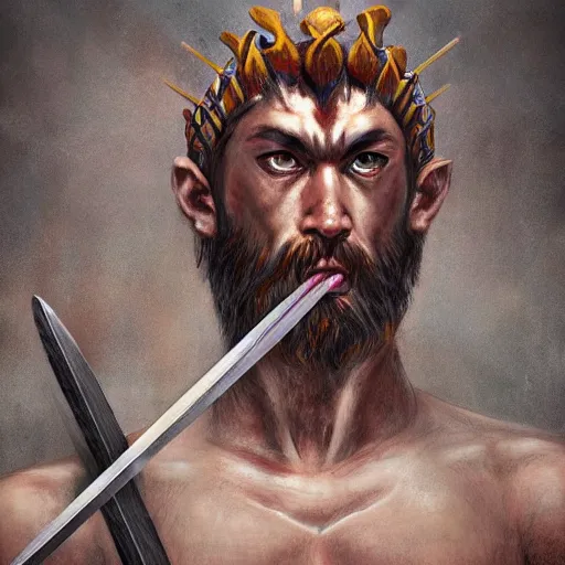 Prompt: Dramatic portraiture of Uuen, the Pictish god of swordsmen, mixed media, trending on ArtStation, by Jim Valentino and ArtGerm and Lucian Freud, luminism