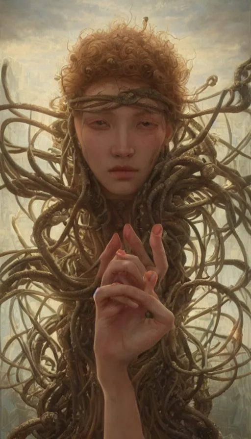 Image similar to epic masterpiece medusa, sweaty skin, hyperrealistic, octane render, cinematic, beautiful face and flawless skin, perfect hands, 5 fingers, by Edgar Maxence and Ross Tran and Michael Whelan, Legends of Runeterra