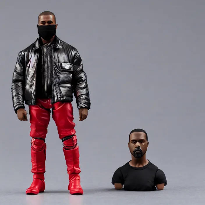 Image similar to a action figure figure of kanye west using a full face covering black mask, a small, tight, undersized reflective bright red round puffer jacket made of nylon, dark jeans pants and big black balenciaga rubber boots, figurine, detailed product photo