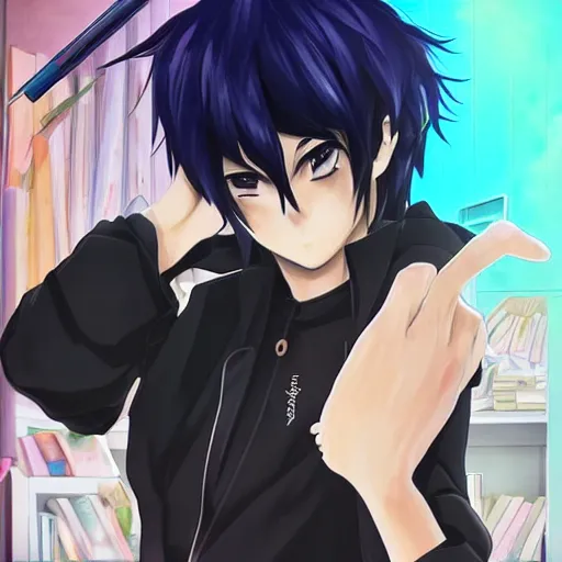 Prompt: aloof anime man with black emo hair wearing baggy shorts, standing in headmistress's office, smug grin, smug expression, punchable expression, punchable face, he's a jerk, sharp details, subsurface scattering, intricate details, art by artgerm, anime, anime hd wallpaper, 2 0 1 9 anime screenshot