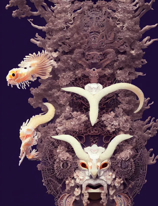 Image similar to 3 d goddess close - up frontal portrait with ram skull. beautiful intricately detailed japanese crow kitsune mask and clasical japanese kimono. betta fish, jellyfish phoenix, bio luminescent, plasma, ice, water, wind, creature, artwork by tooth wu and wlop and beeple and greg rutkowski