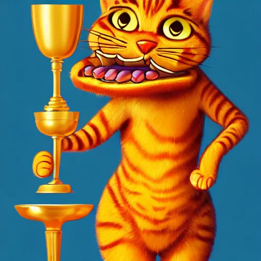 Image similar to fullbody!! personification of garfield the cat as a goddess holding a blood chalice and lasagna, detailed, stunning, cat face, hyperrealistic, trending on artstation, smooth and sharp, intricate, fine details, highly detailed, elegant, angular, altermodern, radiant light, detailed and intricate environment, professional character concept art by tatyana kupriyanova