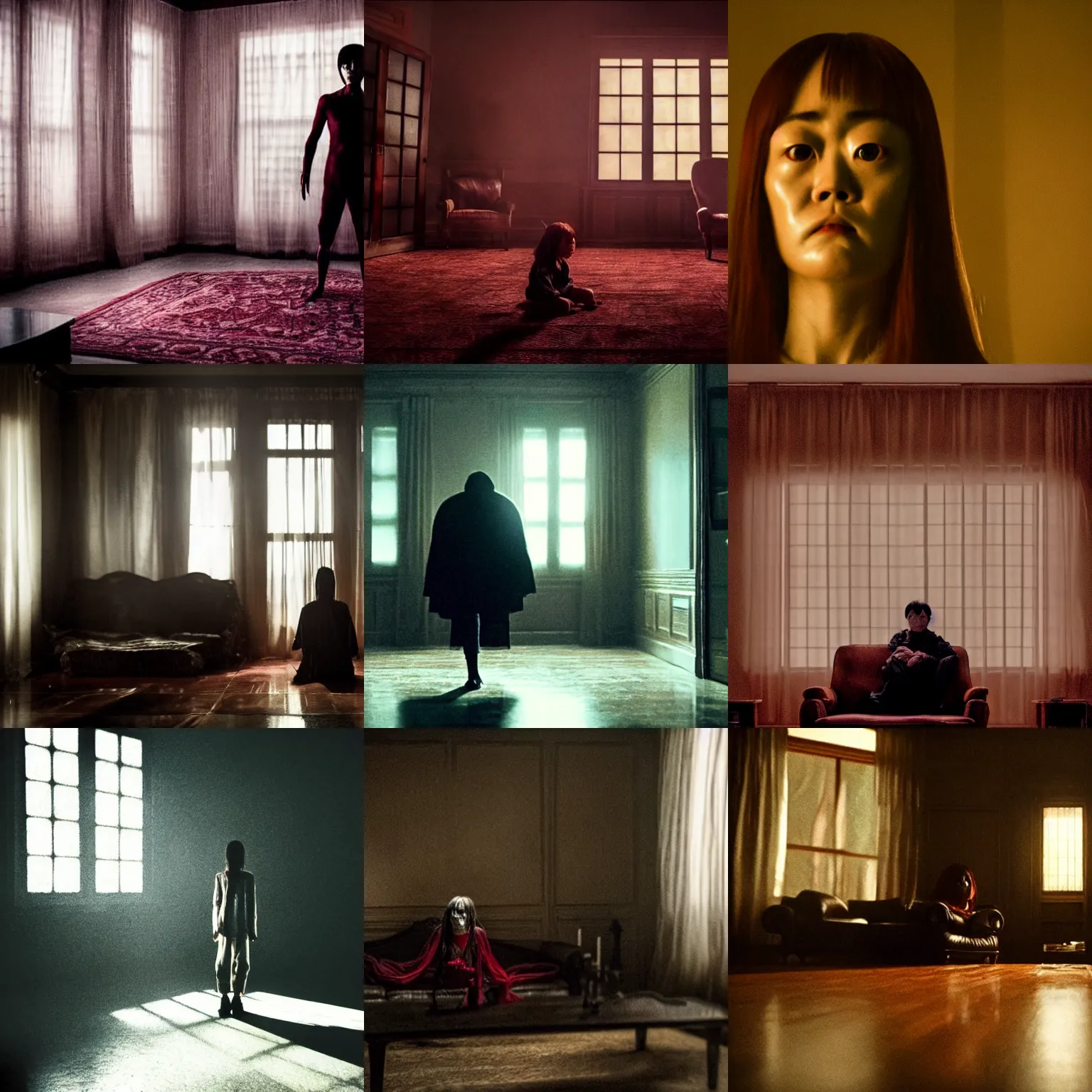 Prompt: monster in the living room, dramatic lighting, critically acclaimed, horror movie, brooding, dark, film grain, movie still from junji ito live action movie, directed by guillermo del toro