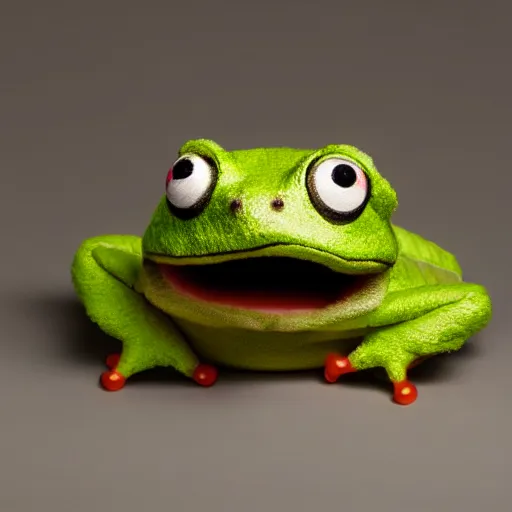 Prompt: a cute fuzzy frog plushy with large cartoon eyes, studio lighting, 4K photograph