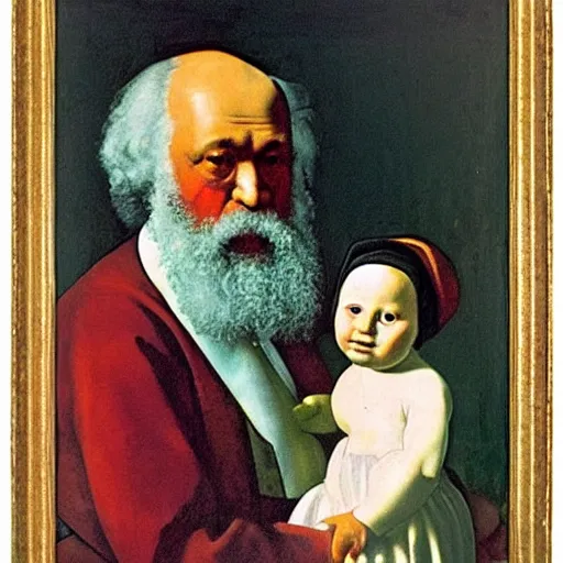 Prompt: Karl Marx as Madonna with child, Renaissance painting, art by vermeer