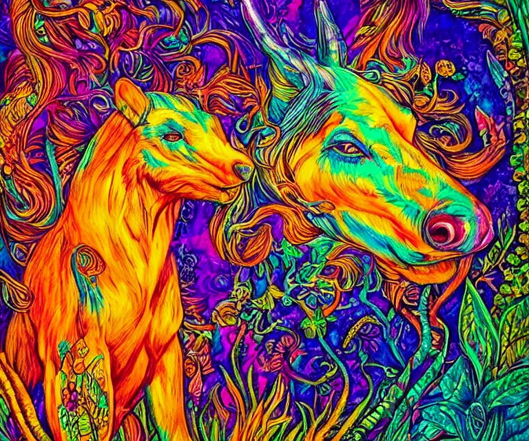 Prompt: the wildest dream, vivid colors, golden hour, psychedelic art, magical creatures