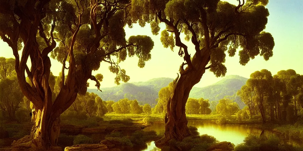 Image similar to landscape painting of a old blue gum tree next to a meandering river by alexei savrasov and thomas cole, mid day sun, artstation