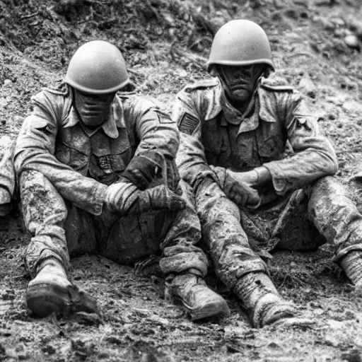 Prompt: Tired and dirty soldiers sitting in a ditch, explosions all around