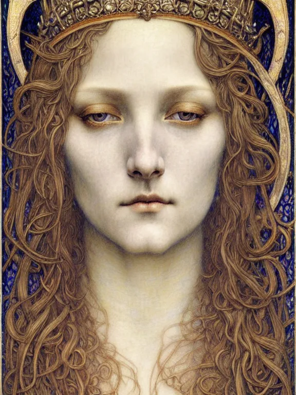 Image similar to detailed realistic beautiful young medieval queen face portrait by jean delville, gustave dore and marco mazzoni, art nouveau, symbolist, visionary, gothic, pre - raphaelite. horizontal symmetry