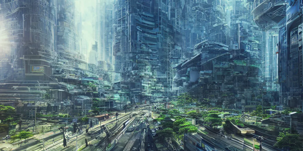 Prompt: neo brutralism, futuristic architectural art of Tokyo in 2049, colorful, hyperrealistic, octane render, 8k, realistic depth, 3D feeling, sunlight, shadows, reflections, romanticism, wallpaper, dark blue and green tones, uplight, in the style of Akihiko Yoshida