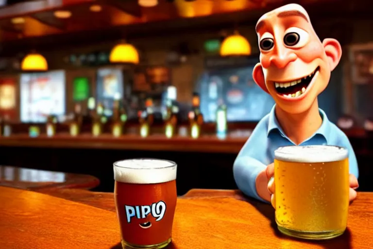 Image similar to a anthropomorphic pint of beer, pixar, who is a customer, waits to be served by a bartender,