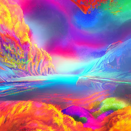Image similar to a colourful abyss, landscape, digital art, detailed