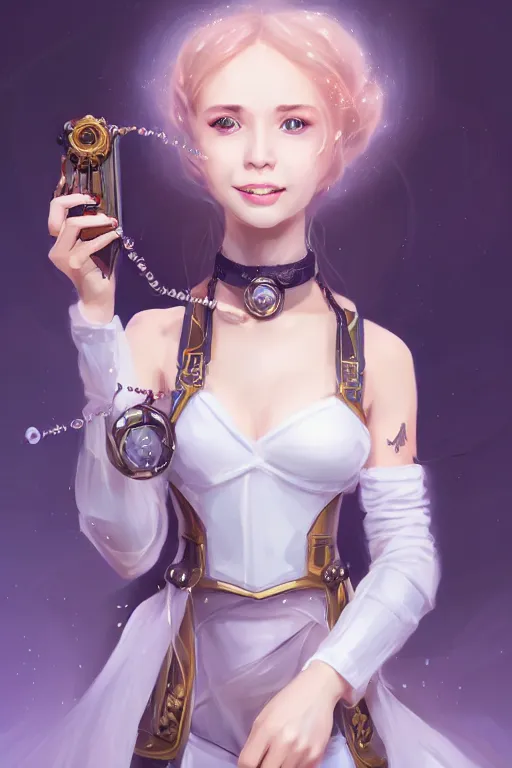 Image similar to portrait of a gorgeous young female artificer holding a strange mechanical device, looking at camera, D&D, choker on neck, stylish dress, mouth slightly open, cute slightly nerdy smile, very long flowing hair, intricate, elegant, stylish, fantasy, extremely detailed, digital painting, artstation, concept art, smooth, sharp focus, illustration, stunning lighting, art by artgerm and greg rutkowski and alphonse mucha and simon stalenhag