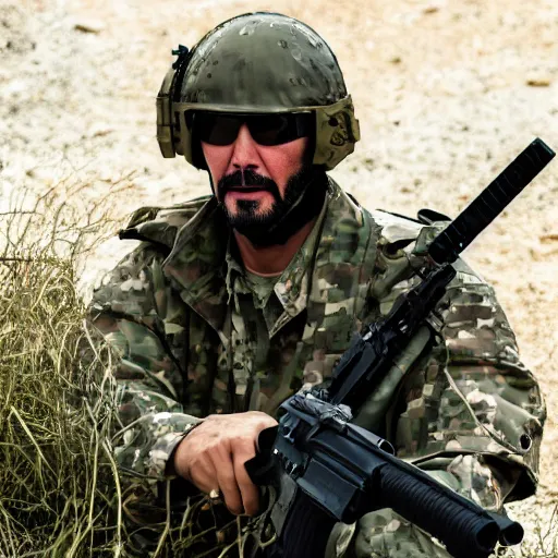 Image similar to keanu reeves wearing military outfit and camouflage cinematic photoshoot high quality highly affordable photo realistic 8 k hd