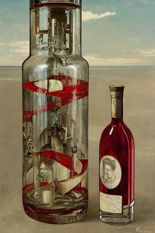 Prompt: a red and white lighthouse inside a clear bottle, very fancy whiskey bottle, intricate concept painting by john collier and albert aublet and krenz cushart and artem demura and alphonse mucha