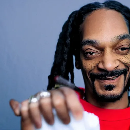 Image similar to Snoop Dog with big eyes eye color red , smiling and holding a joint in his hand